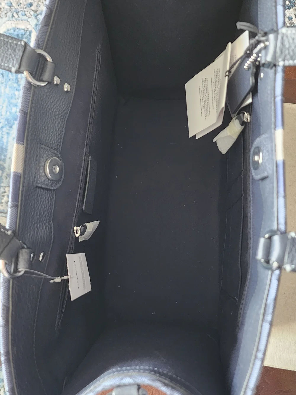 NWT Coach Dempsey Tote 40 In Navy Signature Denim with Stripe and Leather Trim